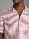 Reiss Pink Stripe Beldi Relaxed Linen Cuban Collar Shirt