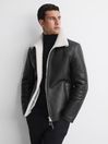 Reiss Black Brankos Leather Sheepskin Jacket