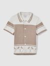 Reiss Taupe/Optic White Bowler Senior Velour Embroidered Striped Shirt