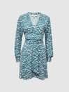 Reiss Teal/White Briella Belted V-Neck Long Sleeve Dress