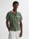 Reiss Sage/Ecru Troon Cuban Collar Contrast Shirt