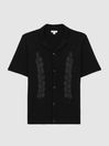 Reiss Black Script Embroidered Cuban Collar Button Through T-Shirt