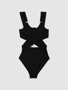 Reiss Black Chrissie Cross Front Cut-Out Swimsuit