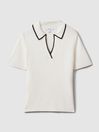 Reiss Ivory/Black Seleena Linen Blend Open Collar Polo Shirt