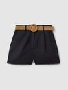 Reiss Navy Belle Linen Belted Shorts