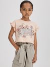 Reiss Pink Saskia Junior Ruffle Sleeve Cropped Motif T-Shirt