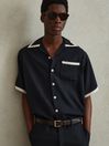 Reiss Navy/Ecru Vita Contrast Trim Cuban Collar Shirt