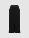 Reiss Black Quinn Satin Fitted Midi Skirt