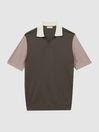 Reiss Mushroom Brown Stoneleigh Wool Open Collar Polo Shirt
