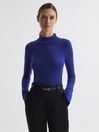 Reiss Blue Kylie Merino Wool Fitted Funnel Neck Top