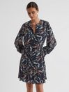 Reiss Black Hayley Printed Long Sleeve Midi Dress