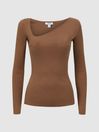 Reiss Camel Sasha Fitted Ribbed Asymmetric Neck T-Shirt
