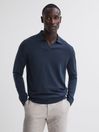 Reiss Eclipse Blue Milburn Merino Wool Open Collar Polo Shirt