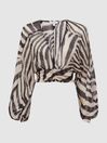 Reiss Black/White Farley Zebra Print Cropped Plunge Neck Blouse