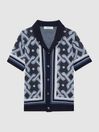 Reiss Navy Multi Hyde Knitted Cuban Collar Button-Through Shirt
