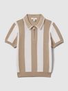 Reiss Soft Taupe/Optic White Paros Knitted Striped Half Zip Polo Shirt