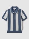 Reiss Airforce Blue/Ecru Paros Knitted Striped Half Zip Polo Shirt