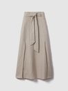 Reiss Neutral Abigail High Rise Linen Midi Skirt
