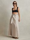 Reiss Neutral Abigail High Rise Linen Midi Skirt