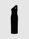 Reiss Black Abbey Velvet One-Shoulder Midi Dress