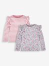 JoJo Maman Bébé Pink Ditsy Floral 2-Pack Print & Stripe Frill Tops