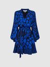 Reiss Blue/Navy Kerri Printed Blouson Sleeve Dress