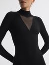 Reiss Black Sabrina Ribbed Mesh Panel Bodycon Midi Dress