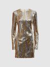 Reiss Gold Maude Halston Sequin Long Sleeve Mini Dress