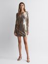 Reiss Gold Maude Halston Sequin Long Sleeve Mini Dress