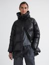 Reiss Black Rae Shiny Mid Length Puffer Coat