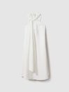 Reiss White Cosette Linen Blend Drape Midi Dress