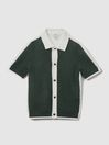 Reiss Green/Optic White Misto Teen Cotton Blend Open Stitch Shirt