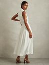 Reiss White Heidi Viscose Linen Belted Midi Dress