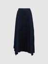 Reiss Navy Jodie Pleated Asymmetric Midi Skirt