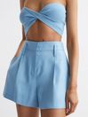 Reiss Blue Hollie Linen Pleat Front Shorts