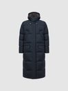 Reiss Navy Gate Quilted Long Hooded Coat