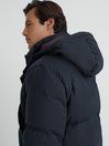 Reiss Navy Gate Quilted Long Hooded Coat