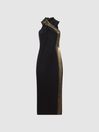 Reiss Black/Bronze Carla Metallic Stripe Bodycon Midi Dress