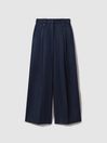 Reiss Navy Leila Linen Front Pleat Trousers