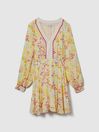 Reiss Pink/Yellow Molly Floral Print Puff Sleeve Mini Dress