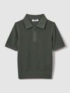 Reiss Dark Sage Burnham Textured Half-Zip Polo T-Shirt