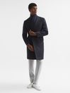 Reiss Airforce Blue Melange Reflection Double Breasted Long Wool Overcoat