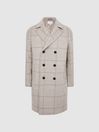 Reiss Soft Grey Billet Double Breasted Long Checked Overcoat