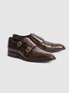 Reiss Brown Rivington High Shine Leather Monk Strap Shoes