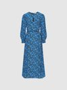 Reiss Blue Mayzie Crew Neck Printed Midi Dress