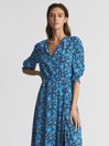 Reiss Blue Mayzie Crew Neck Printed Midi Dress