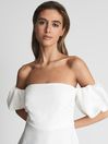 Reiss White Shona Puff Sleeve Off Shoulder Midi Dress