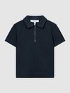 Reiss Navy Blue Billy Junior Half Zip Textured Polo T-Shirt
