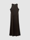 Reiss Atelier Zipped Satin Maxi Dress with Virgin Wool in Chocolate