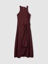 Reiss Petite Satin Drape Tuck Midi Dress in Burgundy